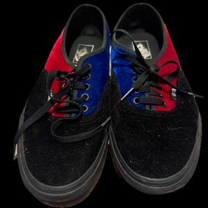 Vans Velvet Tri Tone' sneakers in black, red, and blue velvet paneling